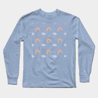 Rainbow and Rain Clouds Pattern in Blue Long Sleeve T-Shirt